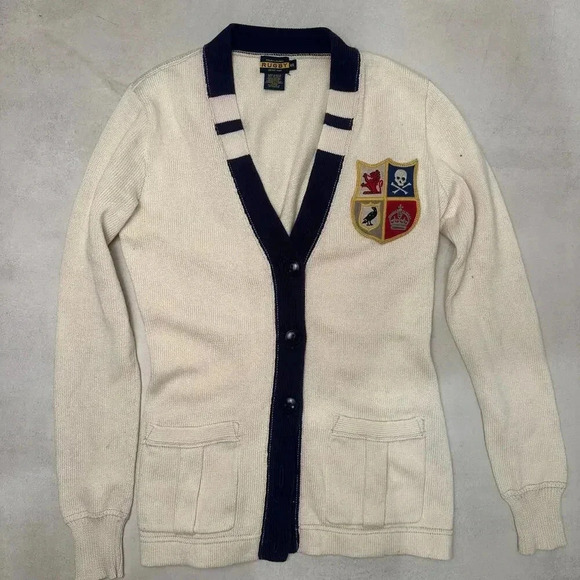 Ralph Lauren Rugby Vintage Sweater with Crest Patch, Cream 80s Preppy Cardigan - Picture 2 of 11
